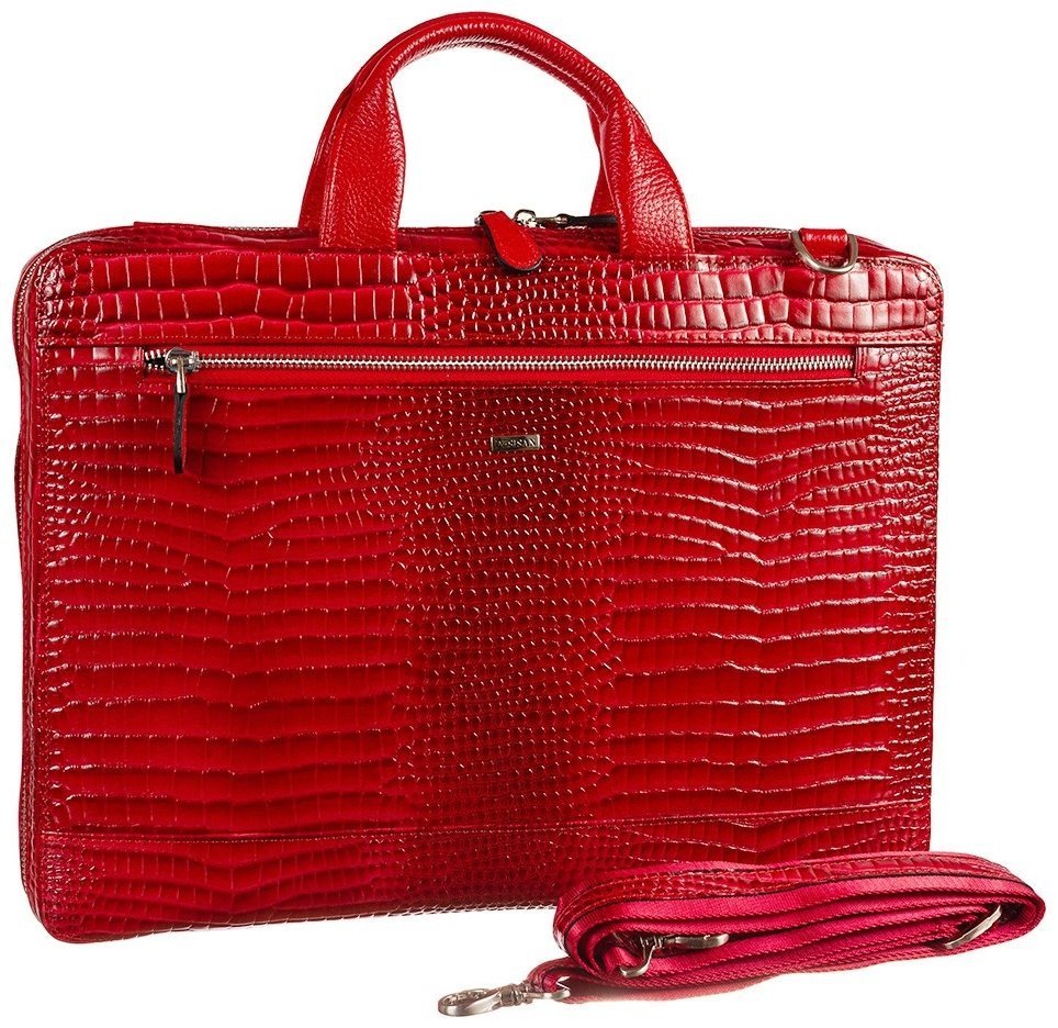 Лаковая женская сумка из кожи под фактуру кроко для ноутбука и документов Desisan 107588 красного цвета modnotak фото №4