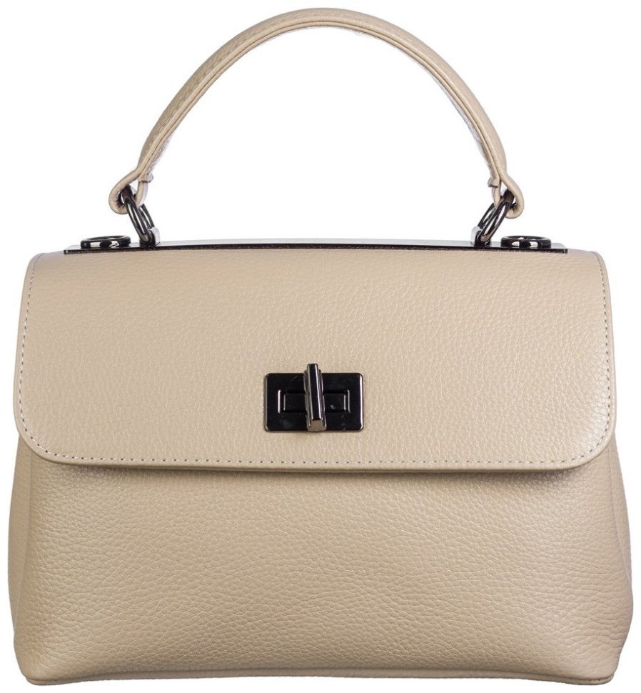 Каркасная женская сумка из кожи флотар с клапаном на поворотном замке Desisan 107688 бежевого цвета modnotak фото №1
