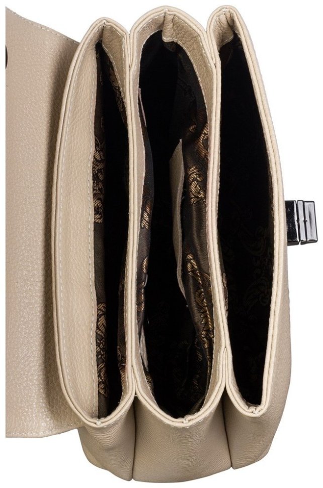 Каркасная женская сумка из кожи флотар с клапаном на поворотном замке Desisan 107688 бежевого цвета modnotak фото №5