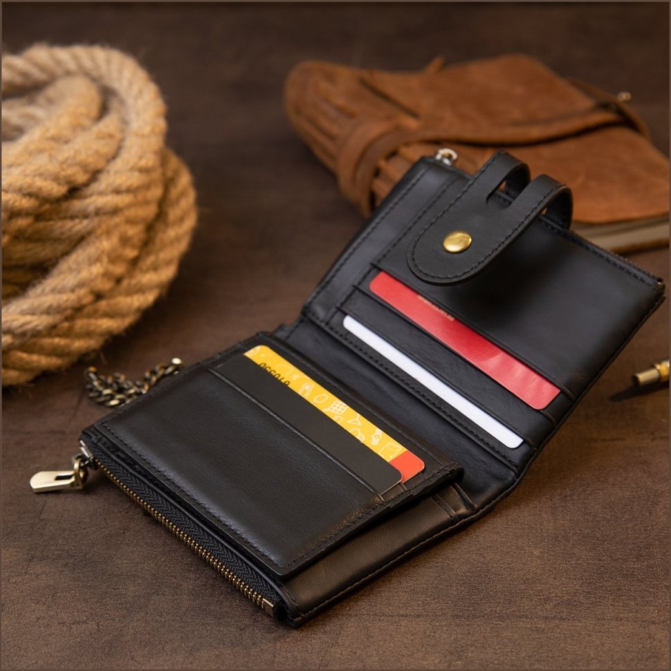 Небольшой черный кошелек из натуральной кожи с цепочкой Vintage 2420437