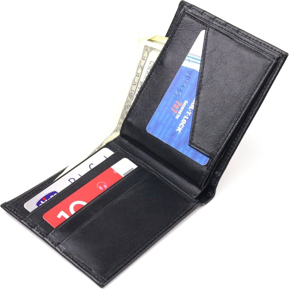 Чорний чоловічий гаманець у дві складення з натуральної гладкої шкіри CANPELLINI (2421579)