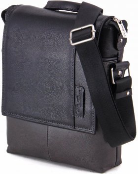 Черно-серая мужская вертикальная сумка из натуральной кожи на плечо Tom Stone (10977)