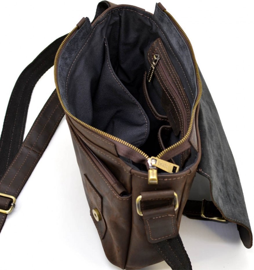 Большая коричневая мужская сумка-мессенджер из натуральной кожи винтажного стиля TARWA (19945)