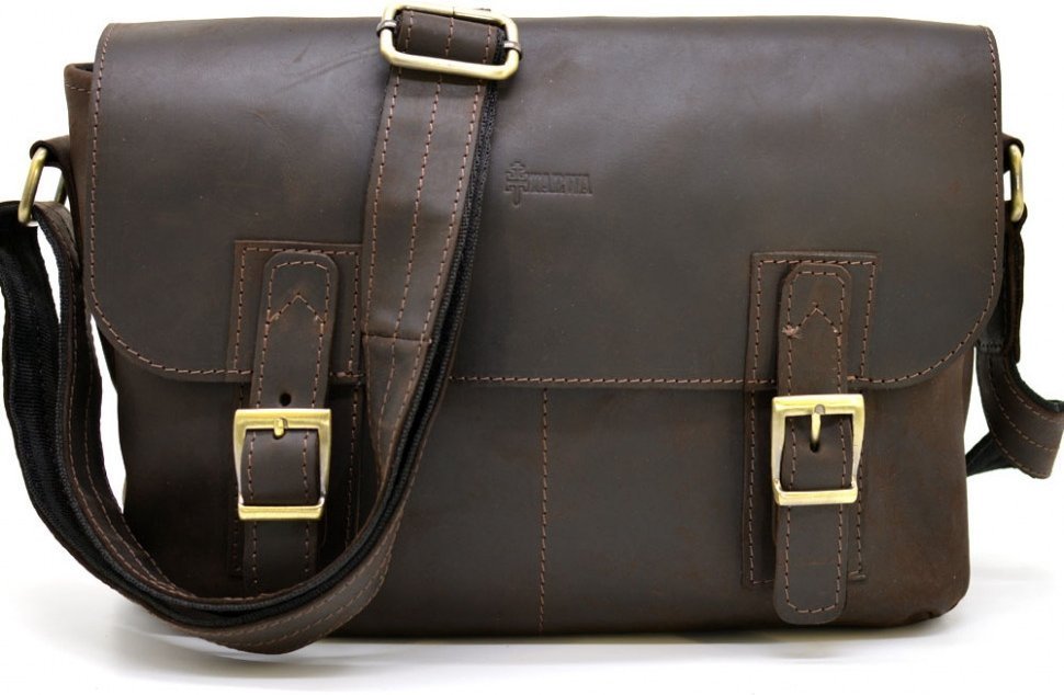 Большая коричневая мужская сумка-мессенджер из натуральной кожи винтажного стиля TARWA (19945)