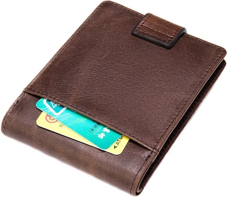 Коричневое мужское портмоне из кожи в два сложения на кнопке Vintage (20241)