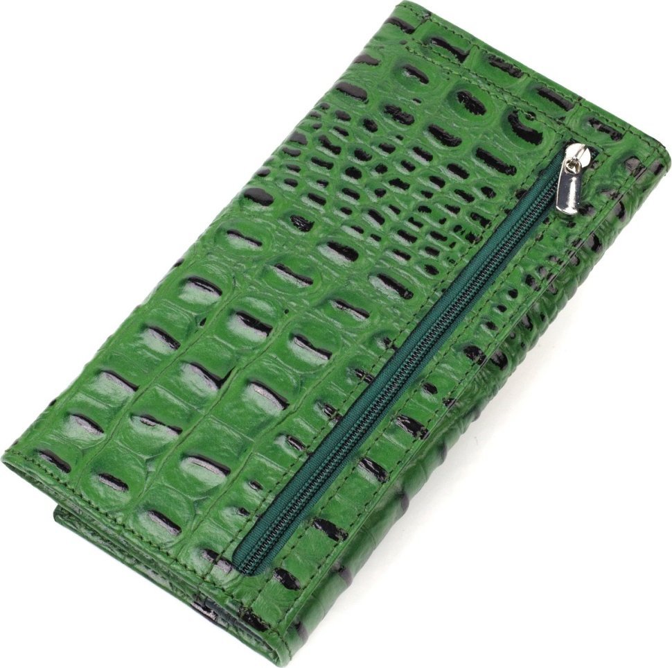 Оригинальный женский кошелек зеленого цвета из натуральной кожи с тиснением под крокодила CANPELLINI (2421825)