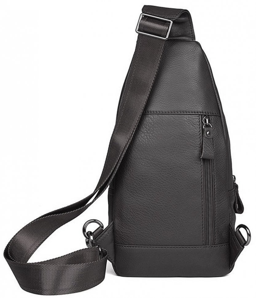 Вертикальная мужская сумка-слинг через плечо из натуральной кожи черного цвета Tiding Bag (15870)