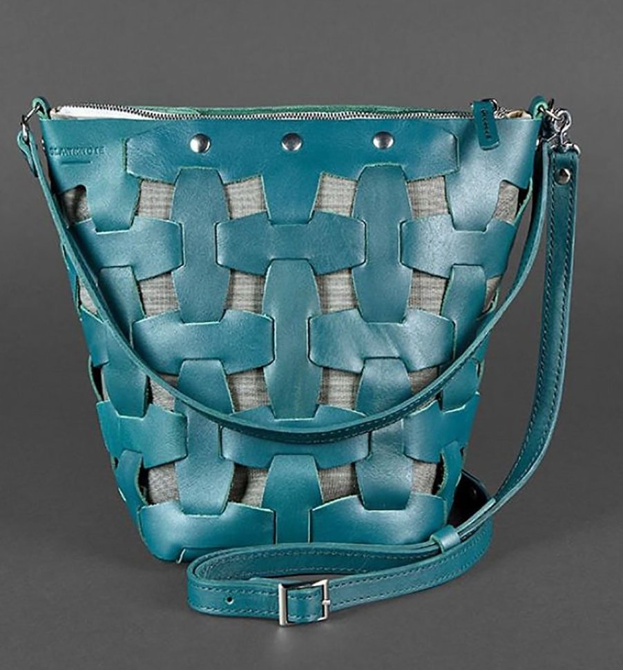 Темно-зелена плетена сумка з блискавичною застібкою зі шкіри BlankNote Пазл M (12763)