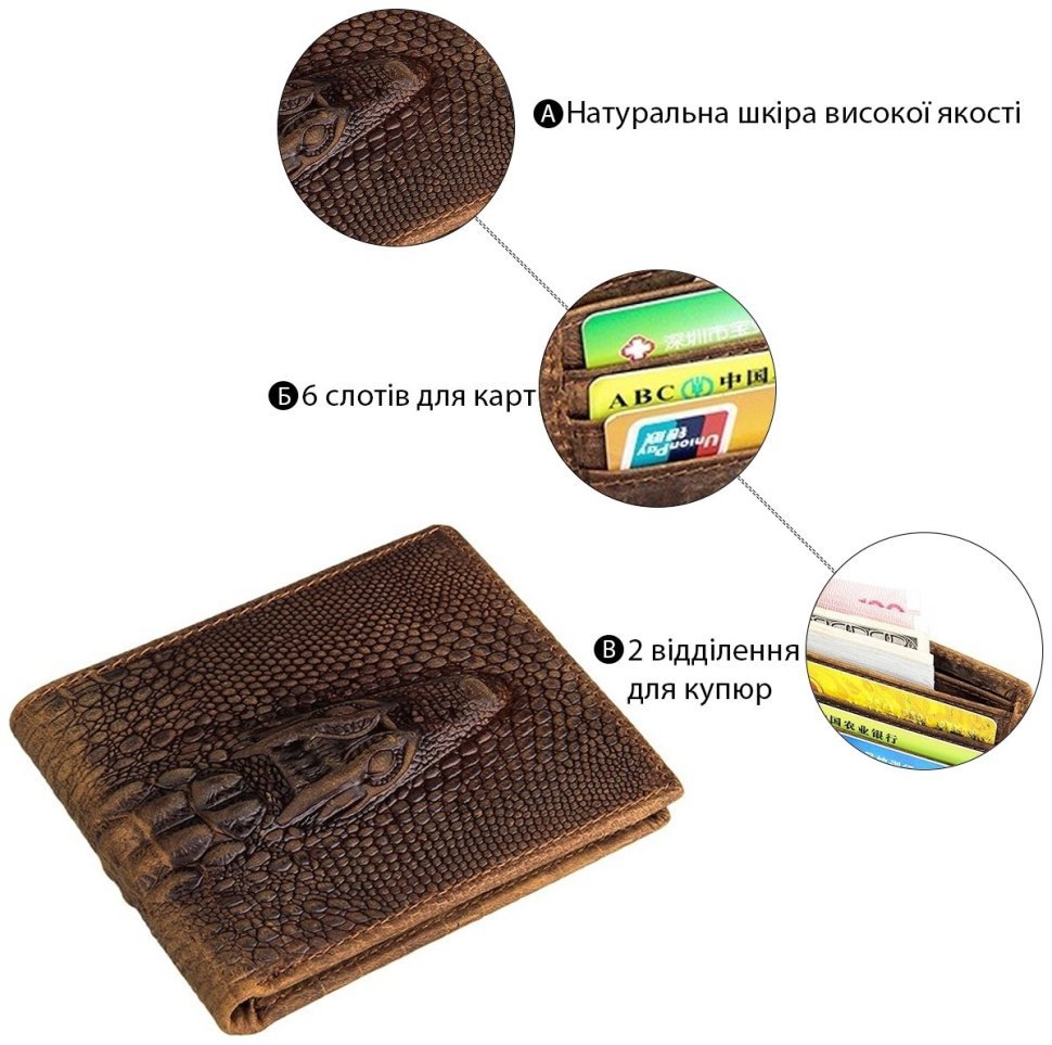 Коричневий чоловічий гаманець з фактурою під крокодила без застібки Vintage (14380) фото №9 Коричневий чоловічий гаманець з фактурою під крокодила без застібки Vintage (14380) modnotak фото №9