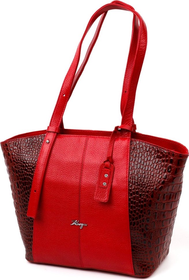 Простора шкіряна жіноча сумка червоного кольору з ручками KARYA (2420875)
