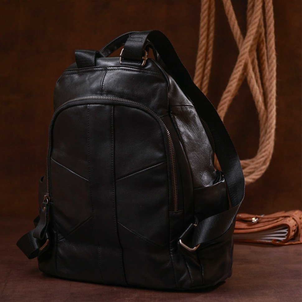 Шкіряний жіночий рюкзак у чорному кольорі середнього розміру Vintage (20374)