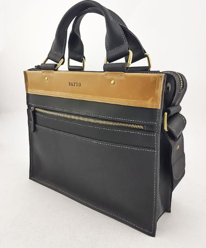 Мужская деловая сумка из кожи Крейзи черная с желтым VATTO (11731)