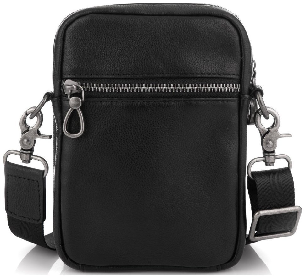 Мініатюрна чоловіча сумка на плече з натуральної шкіри в класичному чорному кольорі Tiding Bag 77489