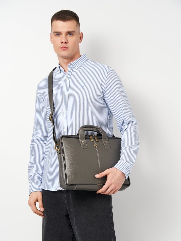 Мужская кожаная сумка через плечо для ноутбука до 13"  Hammonds Flycatcher LB105 серого цвета 107989 modnotak фото №7