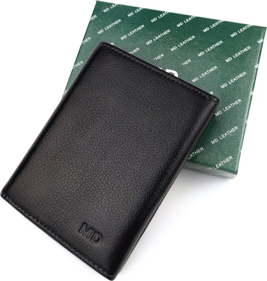 ﻿Чоловічий чорний портмоне середнього розміру з натуральної зернистої шкіри на магніті MD Leather (21547)