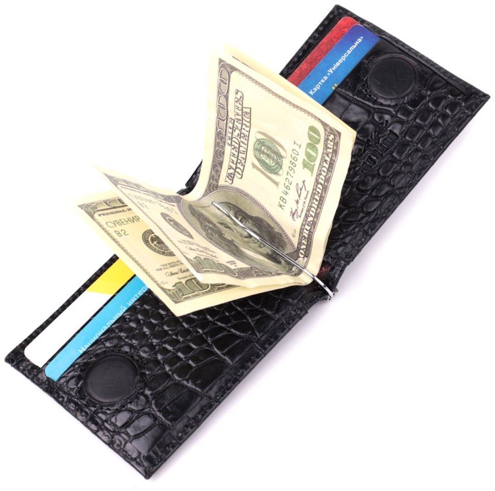 Елегантний чоловічий затискач для купюр із фактурної шкіри з тисненням під крокодила KARYA 2422886 Чорний фото №7 Елегантний чоловічий затискач для купюр із фактурної шкіри з тисненням під крокодила KARYA 2422886 Чорний modnotak фото №7