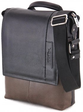 Черно-коричневая мужская сумка из кожи флотар с клапаном на магните Tom Stone (10978)