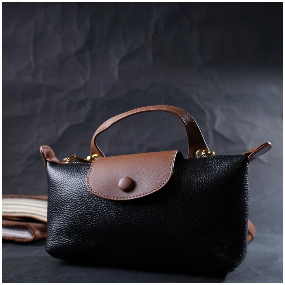 Горизонтальная женская сумка из натуральной кожи черного цвета Vintage 2422252