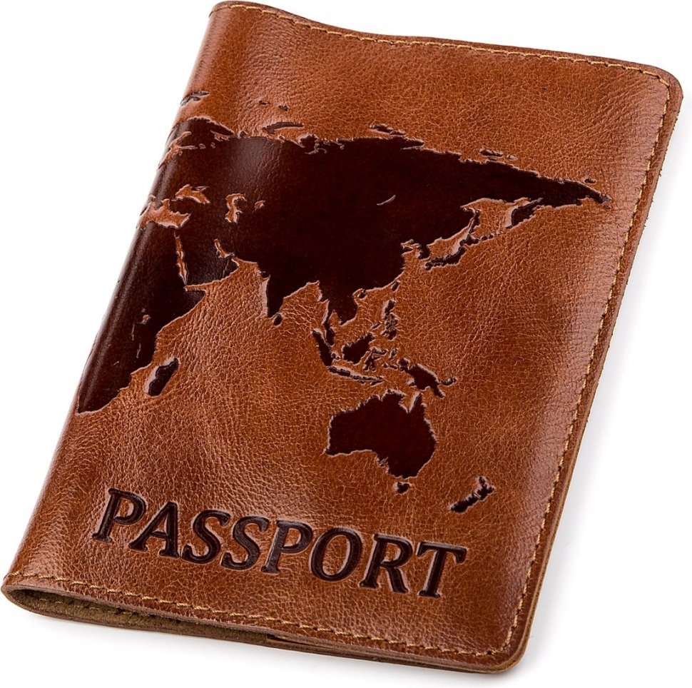 Коричнева обкладинка на паспорт із натуральної шкіри з картою світу Shvigel (2413919)