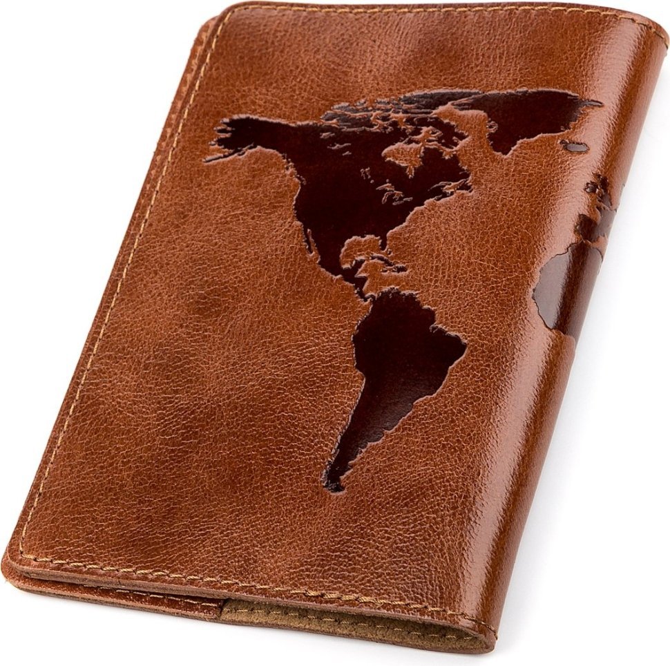 Коричневая обложка на паспорт из натуральной кожи с картой мира Shvigel (2413919)