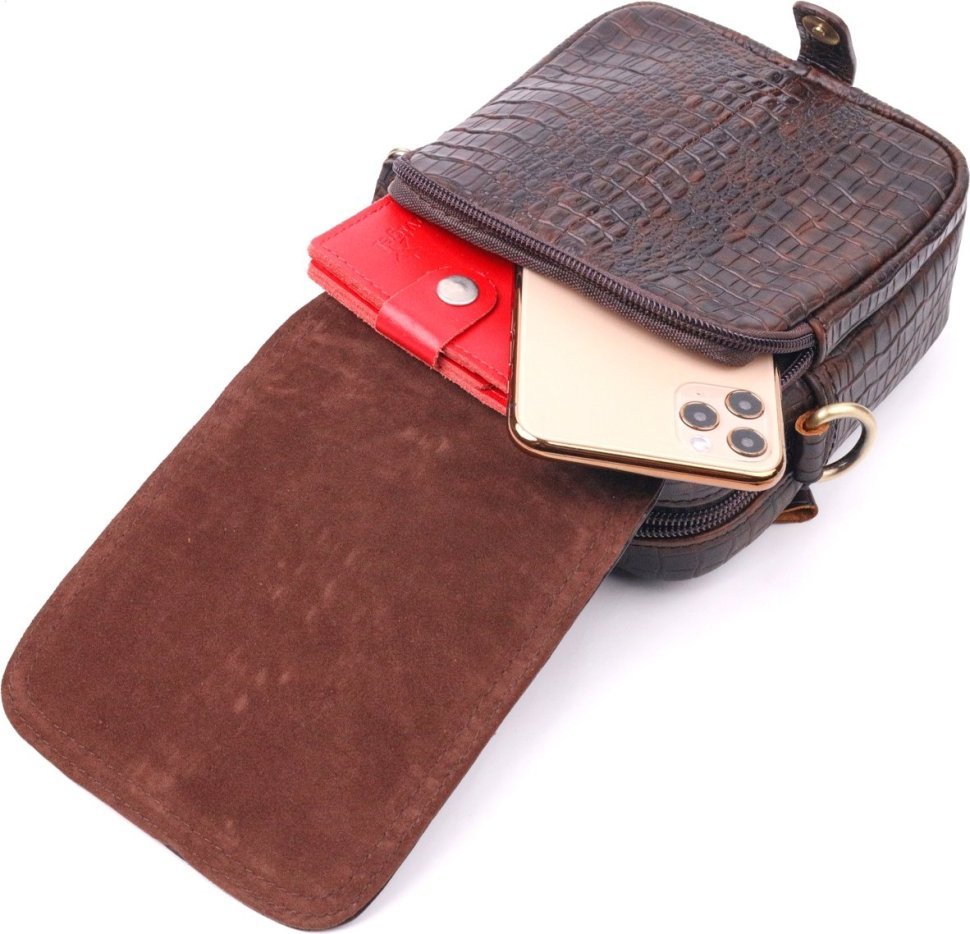 Маленькая коричневая мужская сумка из натуральной кожи с тиснением под крокодила Vintage (2421300)