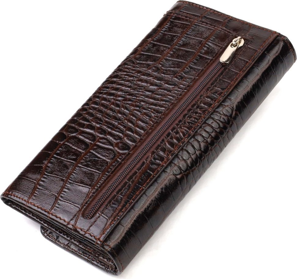 Довгий коричневий жіночий гаманець з натуральної шкіри з тисненням під крокодила CANPELLINI (2421726)