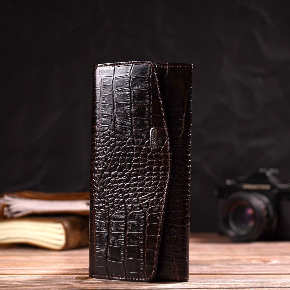 Довгий коричневий жіночий гаманець з натуральної шкіри з тисненням під крокодила CANPELLINI (2421726)