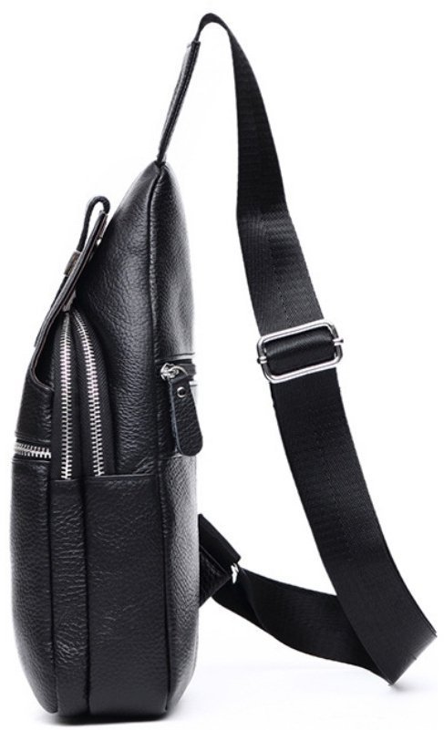 Стильная мужская кожаная сумка-слинг черного цвета на одну шлейку Tiding Bag (15889)