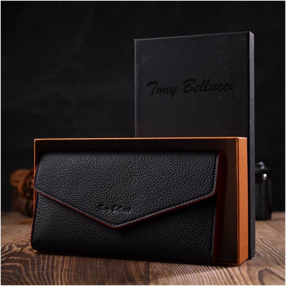 Женский вместительный кошелек из натуральной кожи черно-красного цвета Tony Bellucci (2421973)