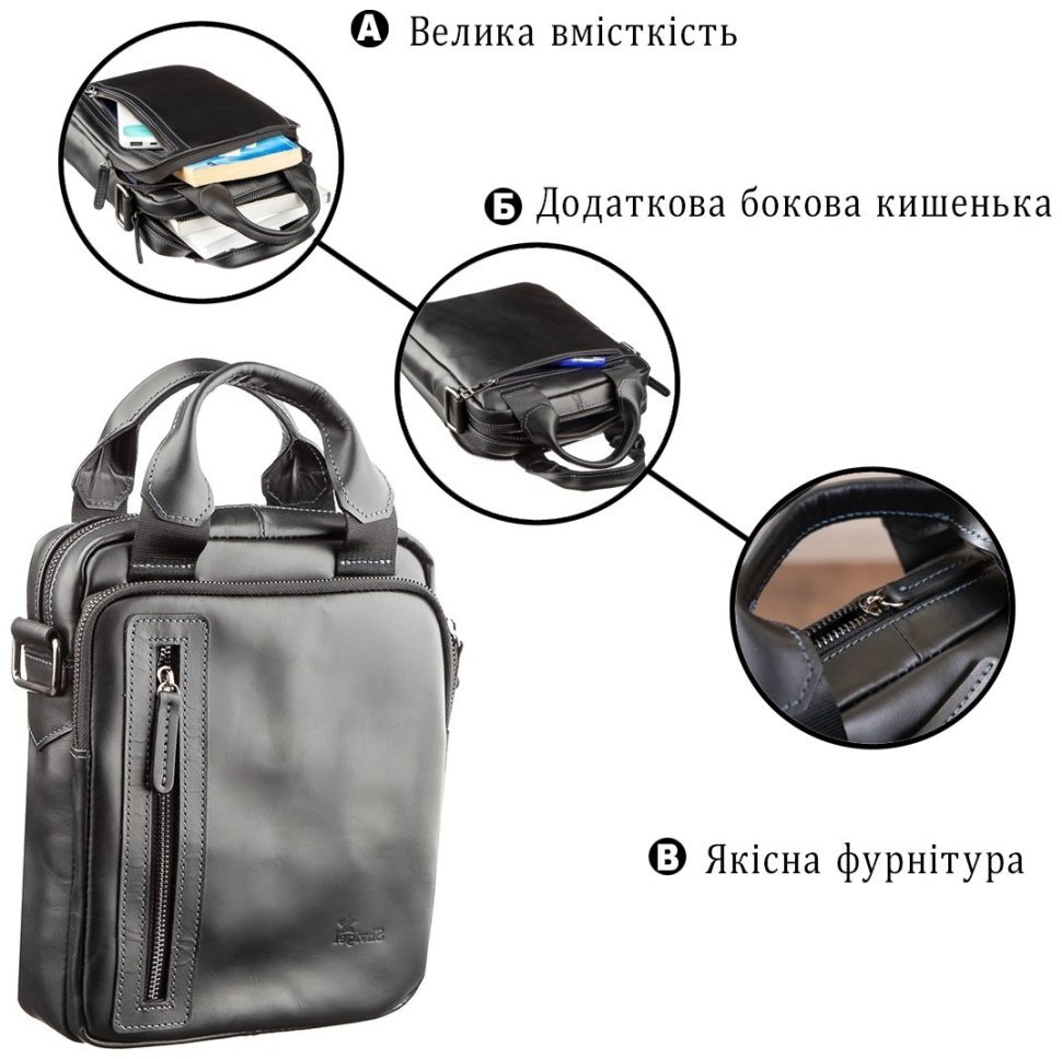 Чоловіча вертикальна сумка з ручками із натуральної чорної шкіри SHVIGEL (11184) modnotak фото №12
