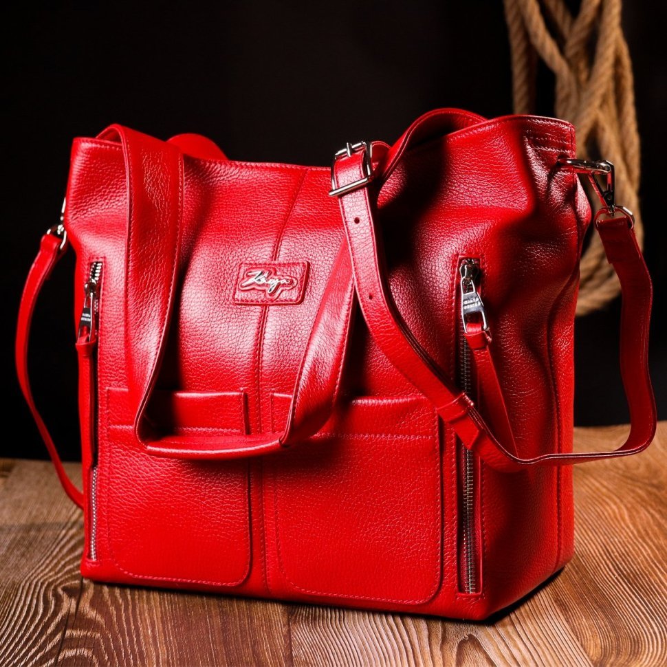Червона сумка жіноча з натуральної шкіри флотар з довгими ручками KARYA (2420876)