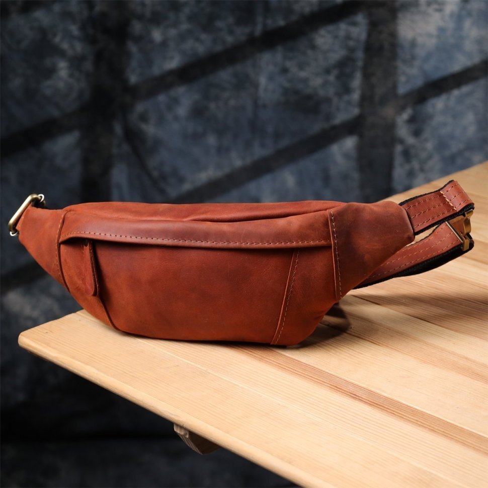 Вместительная мужская сумка-бананка из винтажной кожи рыжего цвета Shvigel 95090 modnotak фото №8