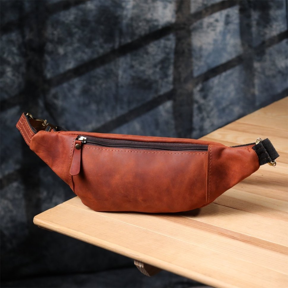 Вместительная мужская сумка-бананка из винтажной кожи рыжего цвета Shvigel 95090 modnotak фото №10