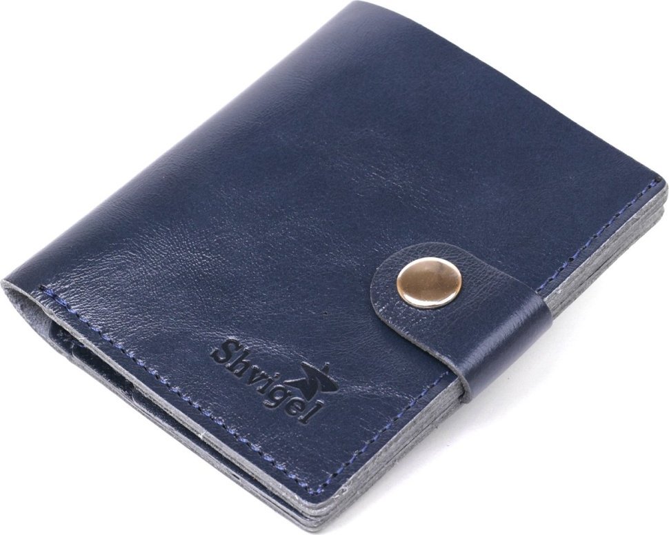 Синє чоловіче портмоне з натуральної шкіри гладкого типу з хлястиком на кнопці Shvigel (2416507)