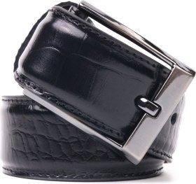 Брючный мужской ремень черного цвета из натуральной кожи с тиснением под крокодила KARYA (2421392)