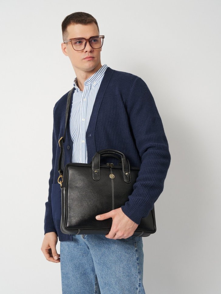 Мужская сумка из фактурной кожи для ноутбука до 13" через плечо Hammonds Flycatcher LB105 черного цвета 107990 modnotak фото №7
