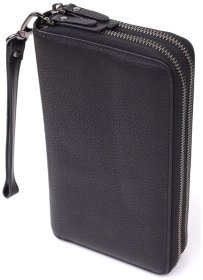 Діловий чоловічий клатч на два відділення з натуральної фактурної шкіри чорного кольору з кістьовим ремінцем Vintage 98190