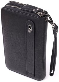 Діловий чоловічий клатч на два відділення з натуральної фактурної шкіри чорного кольору з кістьовим ремінцем Vintage 98190