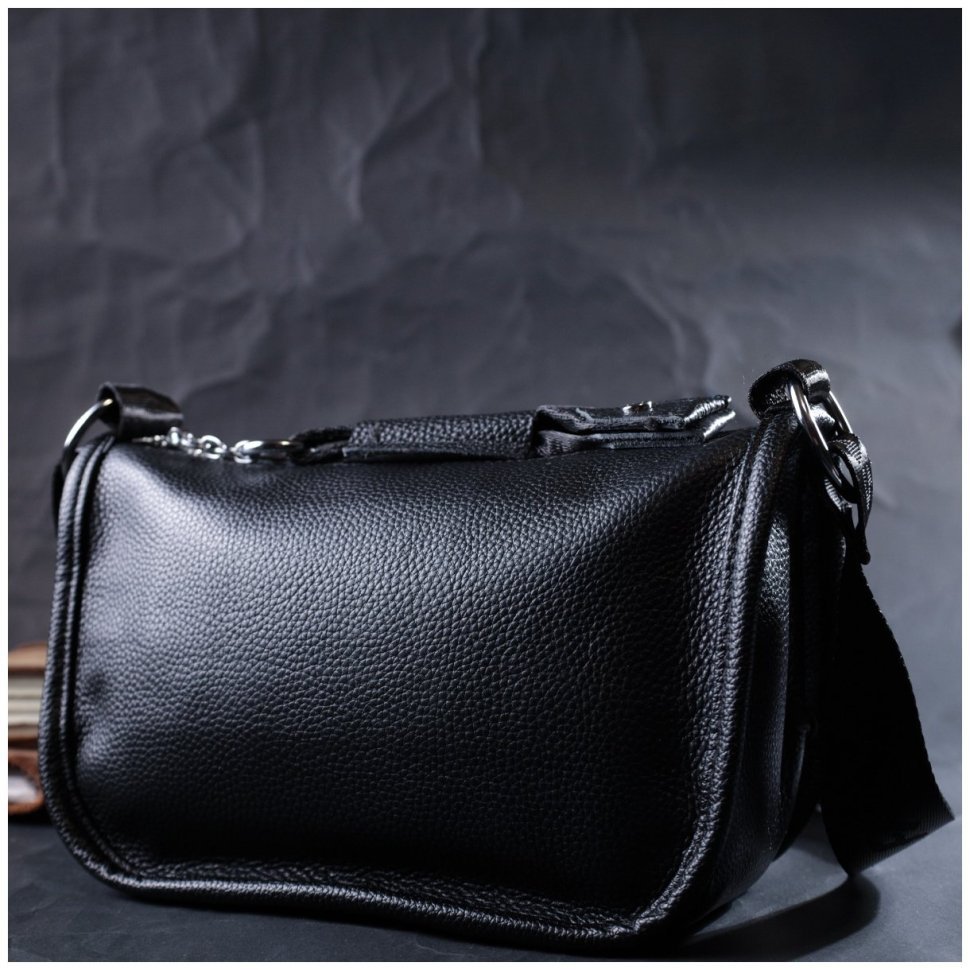 Женская сумка из зернистой кожи черного цвета с лямкой на плечо Vintage 2422253