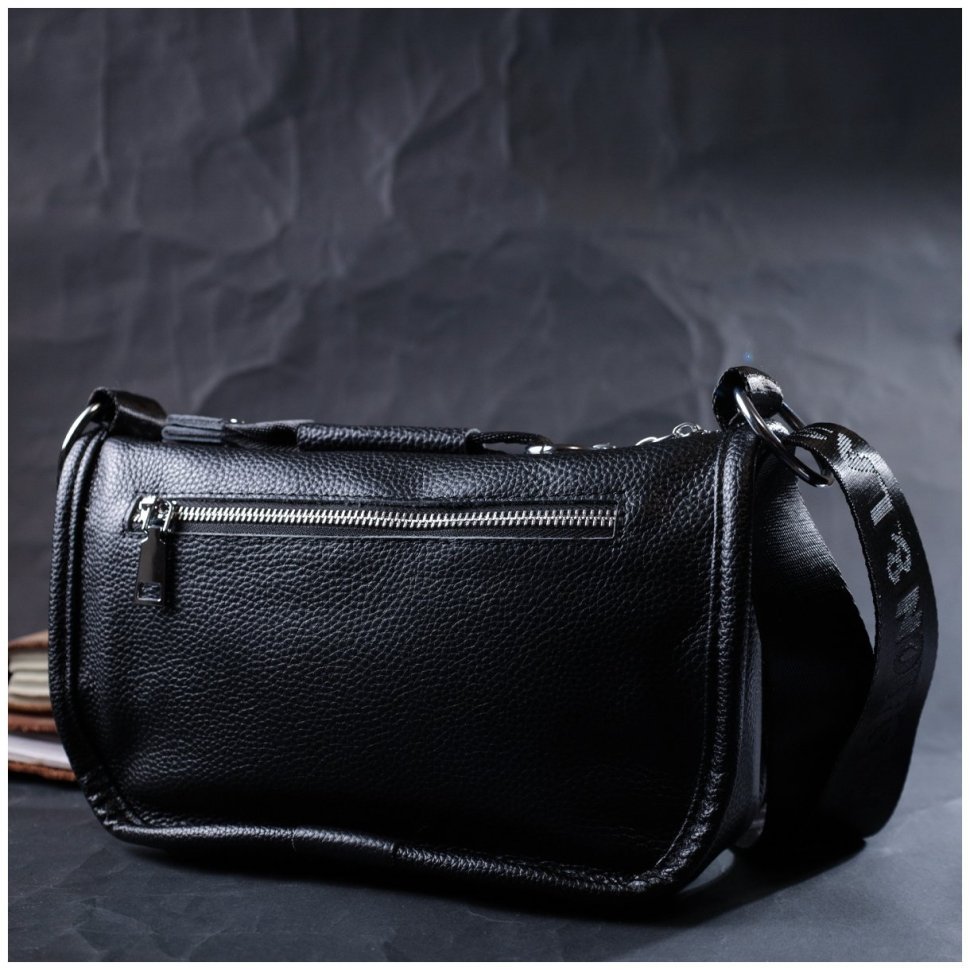 Женская сумка из зернистой кожи черного цвета с лямкой на плечо Vintage 2422253