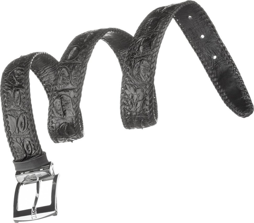 Черный мужской ремень из настоящей кожи крокодила CROCODILE LEATHER (024-18601)