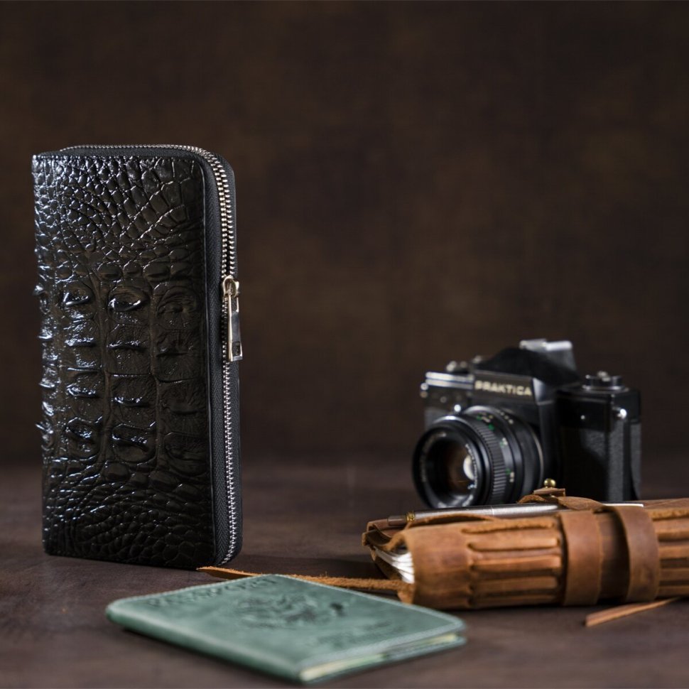 Чоловічий гаманець-клатч з натуральної шкіри крокодила в чорному кольорі CROCODILE LEATHER (18016)