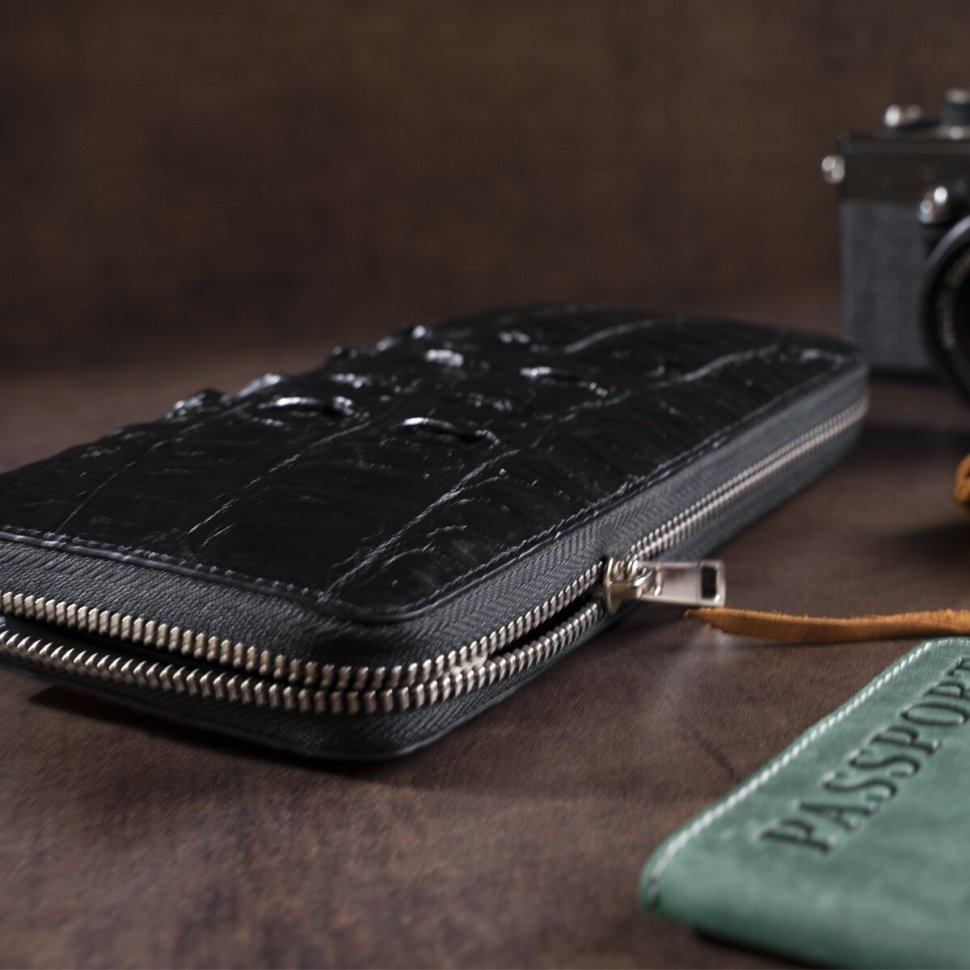 Чоловічий гаманець-клатч з натуральної шкіри крокодила в чорному кольорі CROCODILE LEATHER (18016)