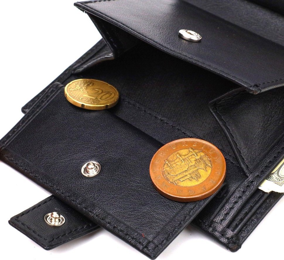 Вертикальное мужское портмоне из натуральной черной кожи с хлястиком на кнопке CANPELLINI (2421727)