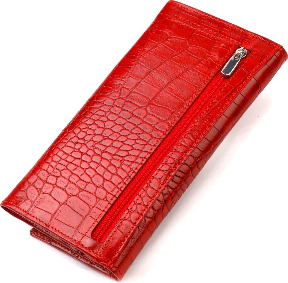 Красный длинный женский кошелек из натуральной кожи с тиснением под крокодила CANPELLINI (2421827)