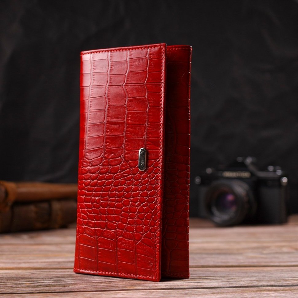 Червоний довгий жіночий гаманець з натуральної шкіри з тисненням під крокодила CANPELLINI (2421827)