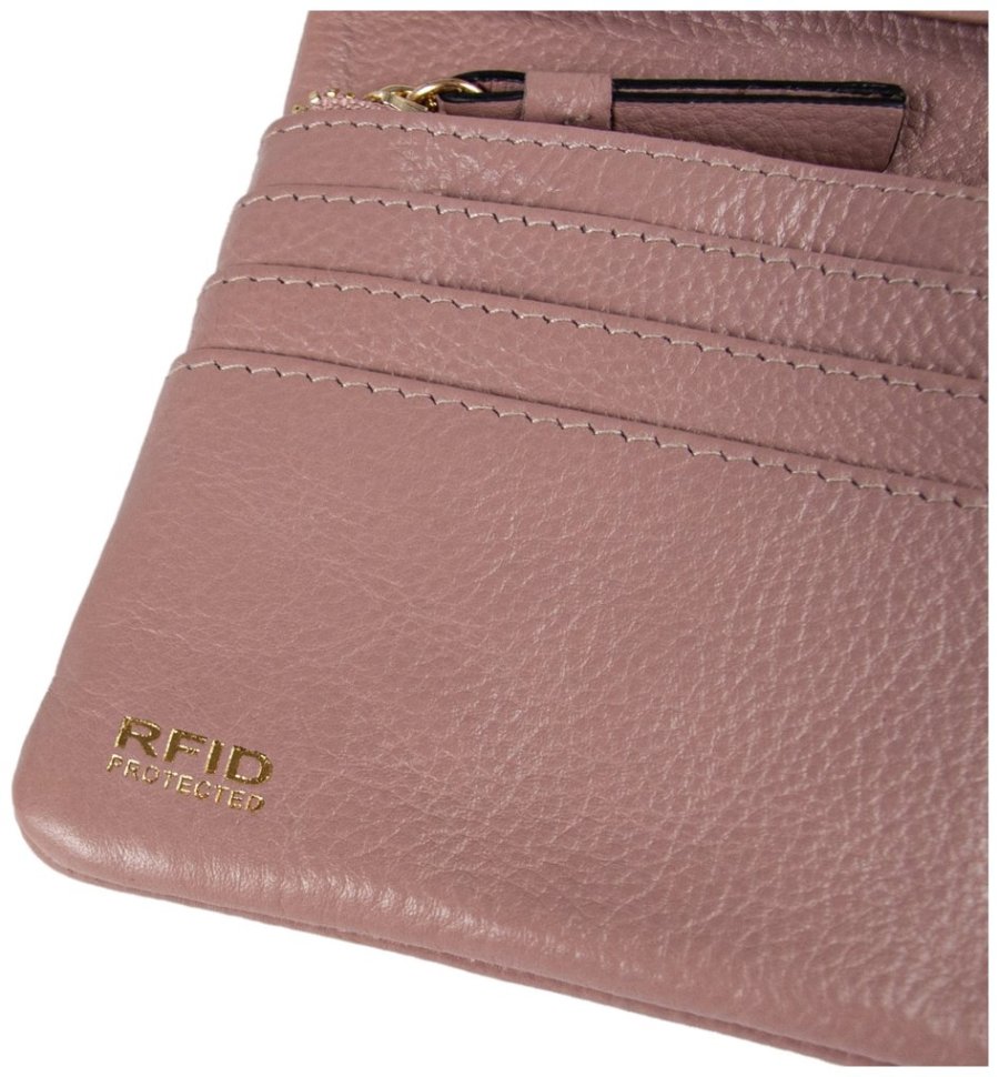 Місткий жіночий гаманець із шкіри флотар на кнопці з RFID-захистом Ashwood J56 94191 пудрового кольору modnotak фото №6