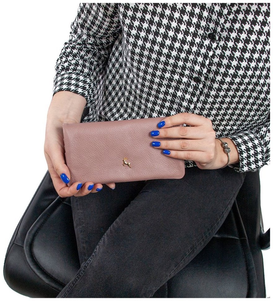 Місткий жіночий гаманець із шкіри флотар на кнопці з RFID-захистом Ashwood J56 94191 пудрового кольору modnotak фото №11