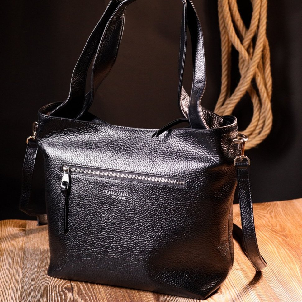 Чорна жіноча шкіряна сумка-шоппер з накладними кишенями KARYA (2420877)