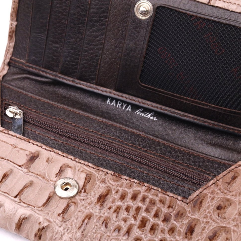 Бежевий горизонтальний жіночий гаманець з натуральної шкіри з тисненням під крокодила KARYA (2421177)